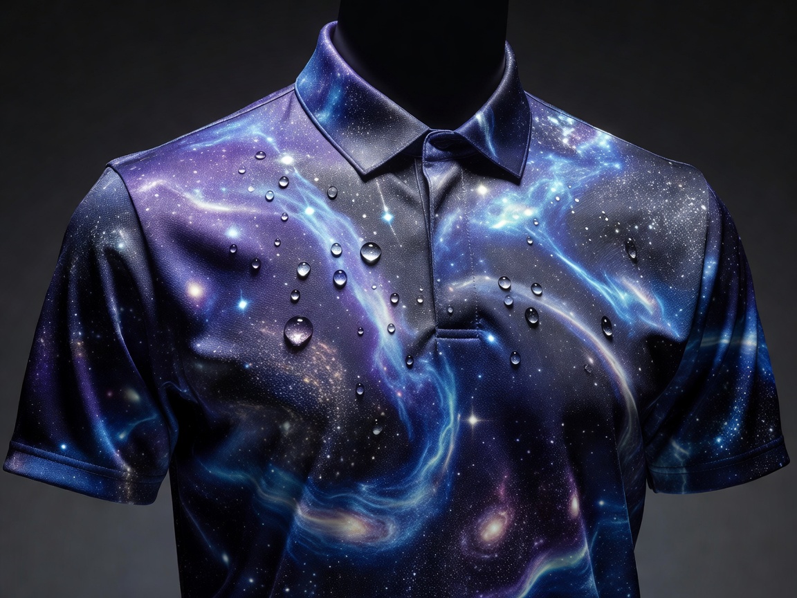Modern tailored hydrophobic silk golf polo on fairway model