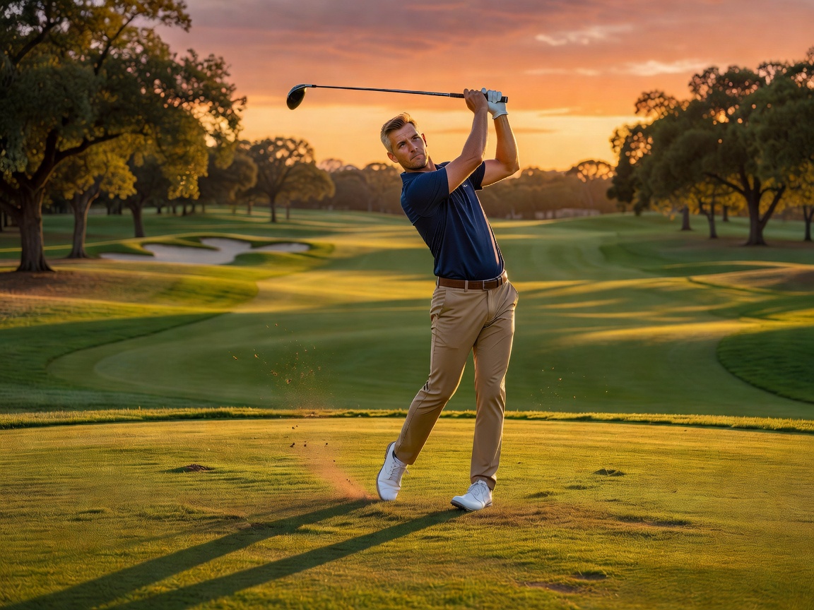 Pro golfer executing a precise swing at sunset with high performance style