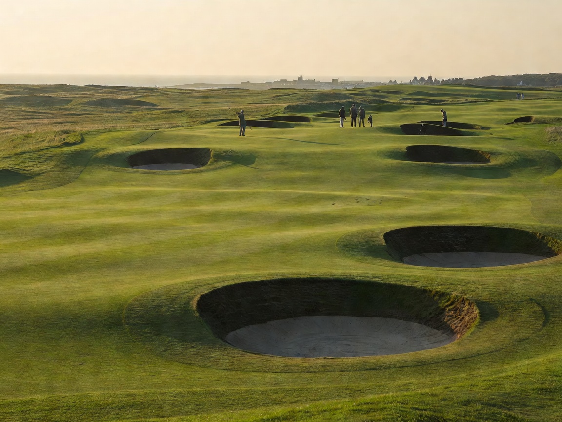 St Andrews Old Course Fairway with historic Swilcan Bridge skyline